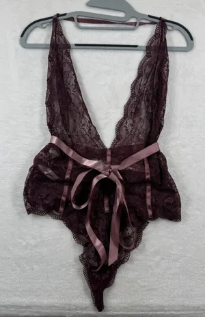 Adore Me Womens Plum Purple‎ Floral Lace Teddy Bodysuit Deep V-Neck Large NWOT thumbnail 1