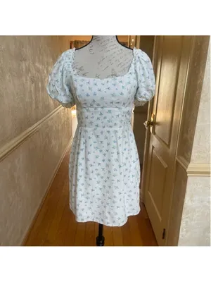 Altar’d State “Shianna” White Blue Ditsy Floral Puff Sleeve Mini Dress Size M thumbnail 4