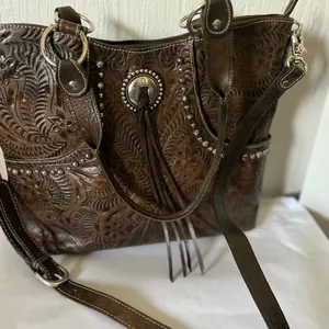 American West Hand Tooled Leather Handbag Western Bag Shoulder Purse Tassel thumbnail 1