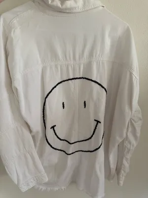Elan White Smiley Face Denim Jacket Women’s Large Oversized Frayed Hem Shacket thumbnail 6