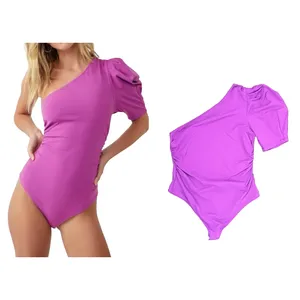 Free People One Shoulder Puff Sleeve L Bodysuit Magenta Ruched Side Stretchy thumbnail 6