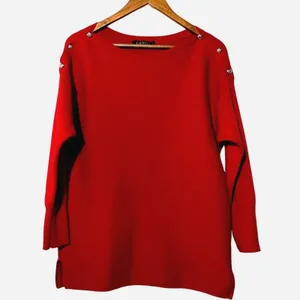 Lauren Ralph Lauren Ribbed Sweater Red Boat Neck Button Shoulder Women's Large thumbnail 2