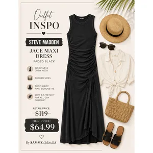 Steve Madden Womens Jace Maxi Dress Large Faded Black Ruched Sleeveless Pullover thumbnail 10