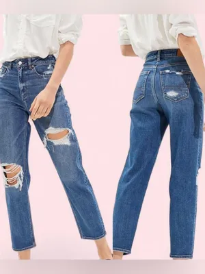American Eagle Mom Straight Jeans Distressed 000 Regular Cool Torn Blue thumbnail 2
