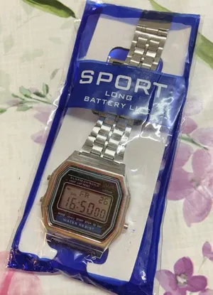 Mens classic digital watch silver tone running thumbnail 1