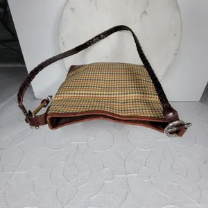 Brighton Tweed Purse Braided Leather Trim Heart Charm Brown Tan Check thumbnail 5