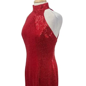 Vintage 90s Sequined High Neck Gown Open Back Maxi Dress Red Womens 8 thumbnail 7