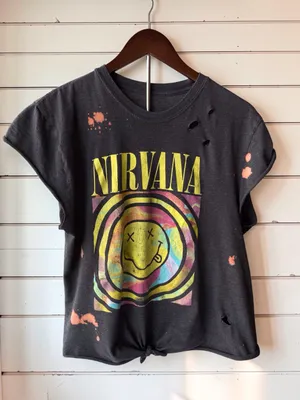 NIRVANA Black Tie-Front distressed tee with Multicolor Smiley Graphic thumbnail 2