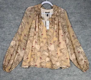 White‎ House Black Market Size-L Ruffle Neck Blouse Lush Lace Gold Floral thumbnail 1