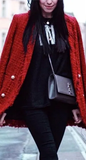 Zara Tweed Blazer Jacket‎ Coat Gold Buttons Frayed Hem Red Size Small thumbnail 1