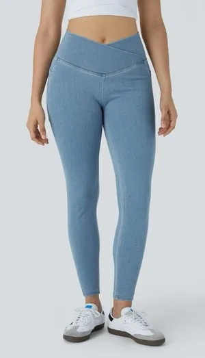 Halara Flex Crossover Pocket Denim Skinny Jeans Leggings Blue Denim Large 7/8 thumbnail 1