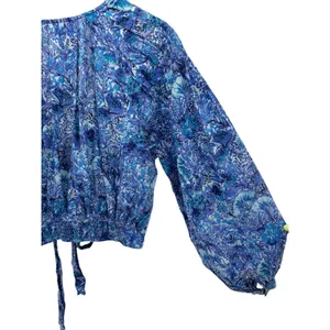 Free People Ruffle Cotton Wrap Top M Blue Floral Paisley Balloon Sleeve Festival thumbnail 4