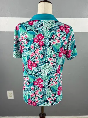Lilly Pulitzer Teal Floral Polo Top Golf thumbnail 4