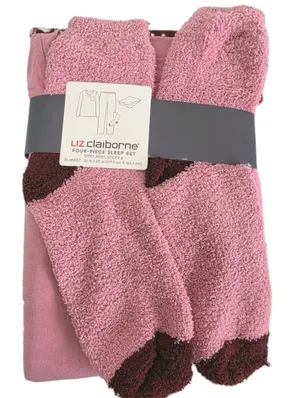Liz Claiborne 4 Piece Pajama Set Burgundy Floral Print Blanket Socks Size Medium thumbnail 2