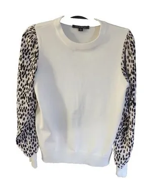 Zac & Rachel‎ Ivory Top Leopard Print Puff Sleeve Crew Neck Size S Sweater thumbnail 1