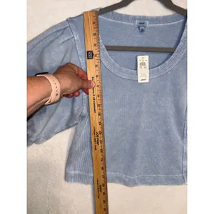 Aerie Seams Right Blue Acid Wash Puff Sleeve‎ Cropped Sweatshirt Scoop Neck NWT thumbnail 6