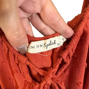 Live To Be Spoiled Rust Ruffled Tassel Tie Front Boho Crop Top Women Sz XL thumbnail 8