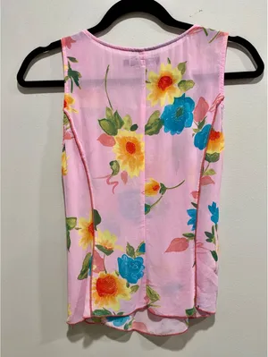 Pink Floral Sheer Viscose Tank Top Contrast Seams Size 34 XS thumbnail 7