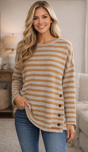 Simply Southern Striped Side Button Sweater Size L Camel/Gray Soft Casual Top thumbnail 1