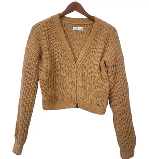 Hollister Junior‎ Open Knit Cropped Sweater Cardigan Brown Size XS 3 Buttons Y2K thumbnail 1