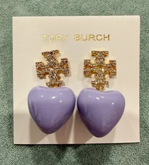 Tory Burch | Gold Plated & Crystal Logo with Lilac Heart Drop Earrings thumbnail 1