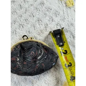 Vintage Buxton Leather Coin Purse &‎ Tooled Floral Kiss Lock Pouch Set Black thumbnail 8