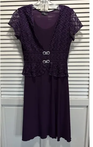 Jubi USA Purple Fit Flare Short Sleeve‎ Lace Top Dress Size Sm Scoop Rhinestone thumbnail 1