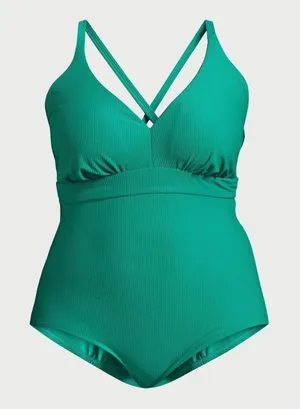 Time And Tru Womens One Piece Swimsuit Size M Green Ocean Ribbed Crisscross Back thumbnail 1