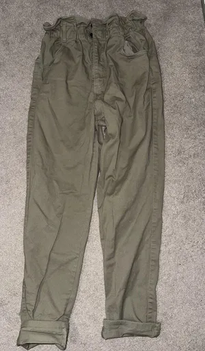 Olive Paperbag Waist Trousers – Casual Chic Pants – Size M thumbnail 1