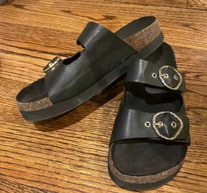 Zara Basics Black Two-Strap Platform Slide Sandals with Gold Buckles thumbnail 1