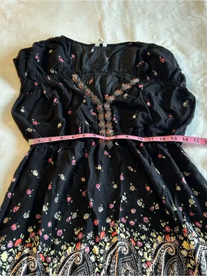 Free People black floral and paisley print tunic dress beaded embroidered size L thumbnail 10