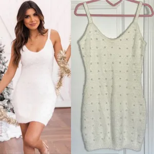 Pink Lily Small Ivory White Embellished Pearl Sweater Holiday Winter Mini Dress thumbnail 2