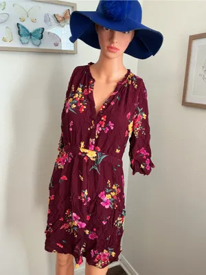 Old Navy Floral Burgundy Boho Dress Size M thumbnail 5