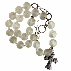 Sterling silver 925 Cross Pendant Frosted Glass Bead Necklace thumbnail 7