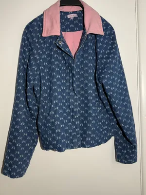 Anthropologie Dot & Lu Quilted Blue Floral Jacket Pink Collar Missing Zipper thumbnail 2
