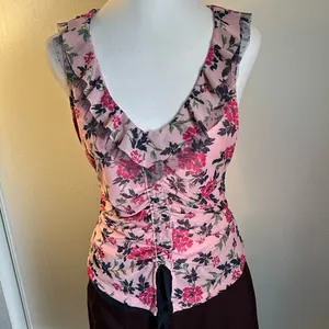 Anthropologie’s Maeve New Tie Front Floral Ruffle Lace V-Neck Pink Women's Top thumbnail 14