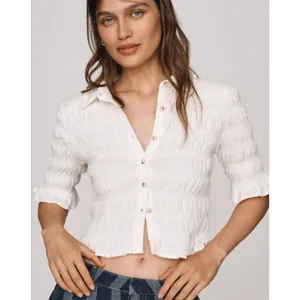 Anthropologie Maeve Smocked Button-Front Top Vanilla White Medium thumbnail 13