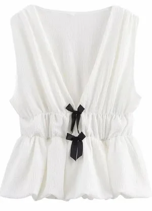 NEW White V Neck Sleeveless Bow Plisse Shirt Tank Top thumbnail 1