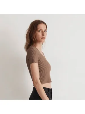 Madewell Ottoman Crop Sweater Tee Shirt Top Ribbed in Light Umber Brown L thumbnail 2