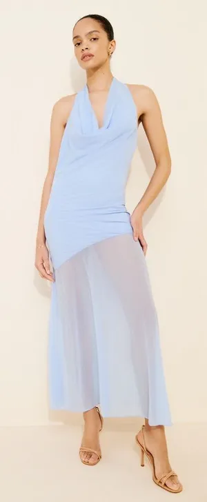 Mare Mare Cowl Neck Sheer Hem Dress Blue Halter Sheer Maxi Dress Small thumbnail 1