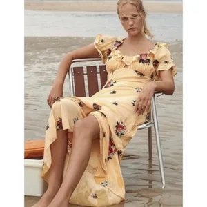 Free People Bali Santa Cruz Ruffle Maxi Dress S Yellow Floral Puff Sleeve Boho thumbnail 6