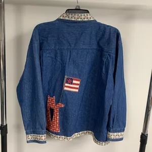 Vintage Denim Cat Patchwork Shirt Size 1X Blue thumbnail 6