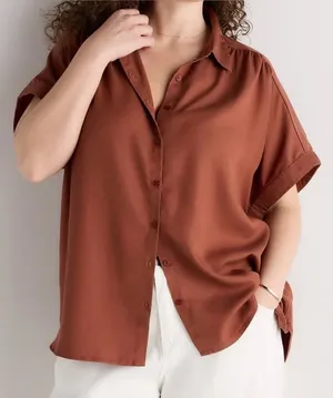 Quince Terracotta Vintage Wash Tencel Baggy Vacation Resortwear Camp Shirt S thumbnail 1