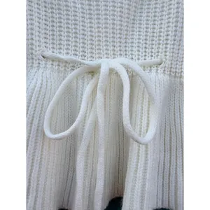 Scallop Ruffle V-Neck Peplum Ribbed Knit Sweater Balloon Sleeve Drawstring Waist thumbnail 3