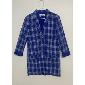 BB Dakota Steve Madden Women's Blue White Plaid Long Blazer Jacket Collared S thumbnail 13