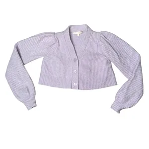 LoveShackFancy Cardigan Women XS Lavender Good Wool Cashmere Cropped Ribbed Puff thumbnail 3