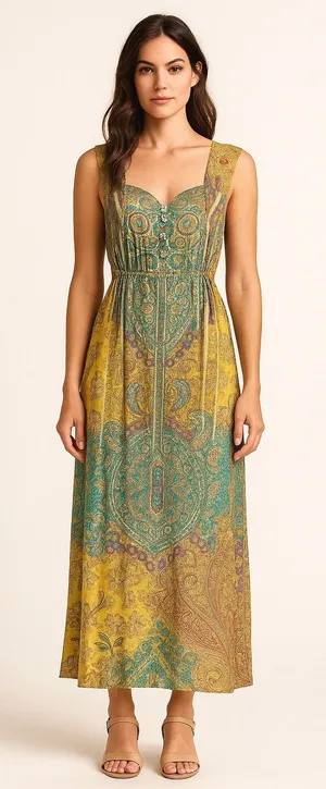 One World Dress Women XL‎ Yellow Green Floral Paisley Maxi Casual Boho Colorful thumbnail 1