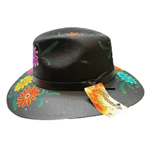 HAT MEXICAN Artisanal Hand Painted Fedora Floral Sombrero Panama Bohemian Black thumbnail 11