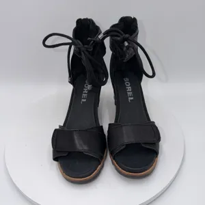 Sorel Joanie Black Leather Ankle Lace Up Wedge Heels Sandals Women's‎ Size 9 thumbnail 3