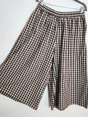 Chow Yatou Brown and Cream Gingham Check Wide Leg Cropped Pants Size XL NWT thumbnail 7